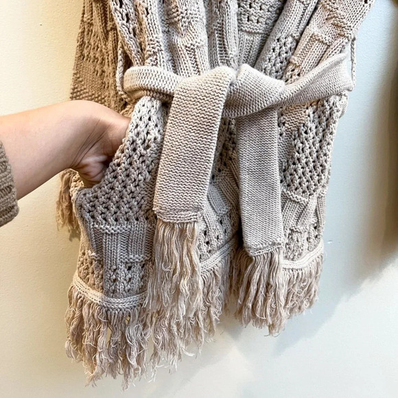 MISA Los Angeles Aztec Fringe Bohemian Tan Tie Waist Knit Cardigan Sweater Small - Picture 7 of 9
